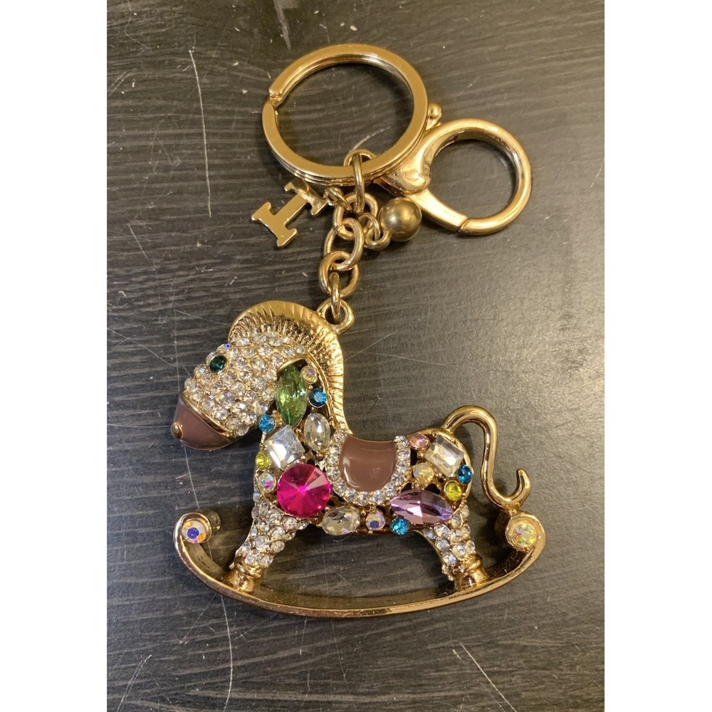 Gold Tone Rhinestone Rocking Horse Keychain Crystal Bag Charm Accessory